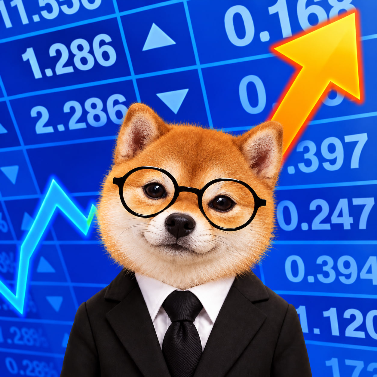 Shiba Inu investor in glasses and a black suit